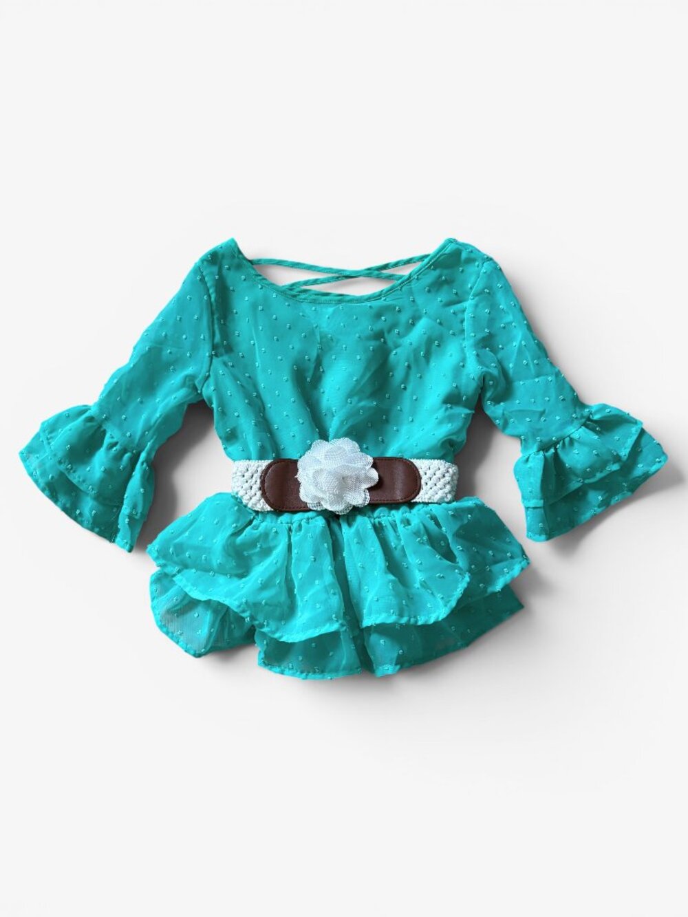 Wonder Nation Teal Swiss Dot Peplum Top with Floral Belt Girls Extra Small Sheer